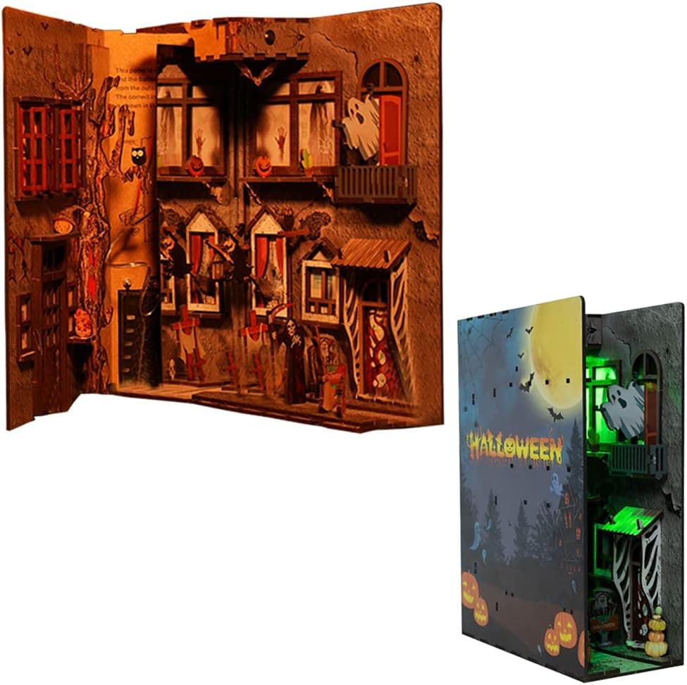 WonDerfulC 3D Wooden Book Stand Puzzle DIY Dollhouse Wood Bookends Book Nook Model Building Kit with LED Light for Teens and Adults to Build-Creativity Gift for Birthdays Christmas Halloween