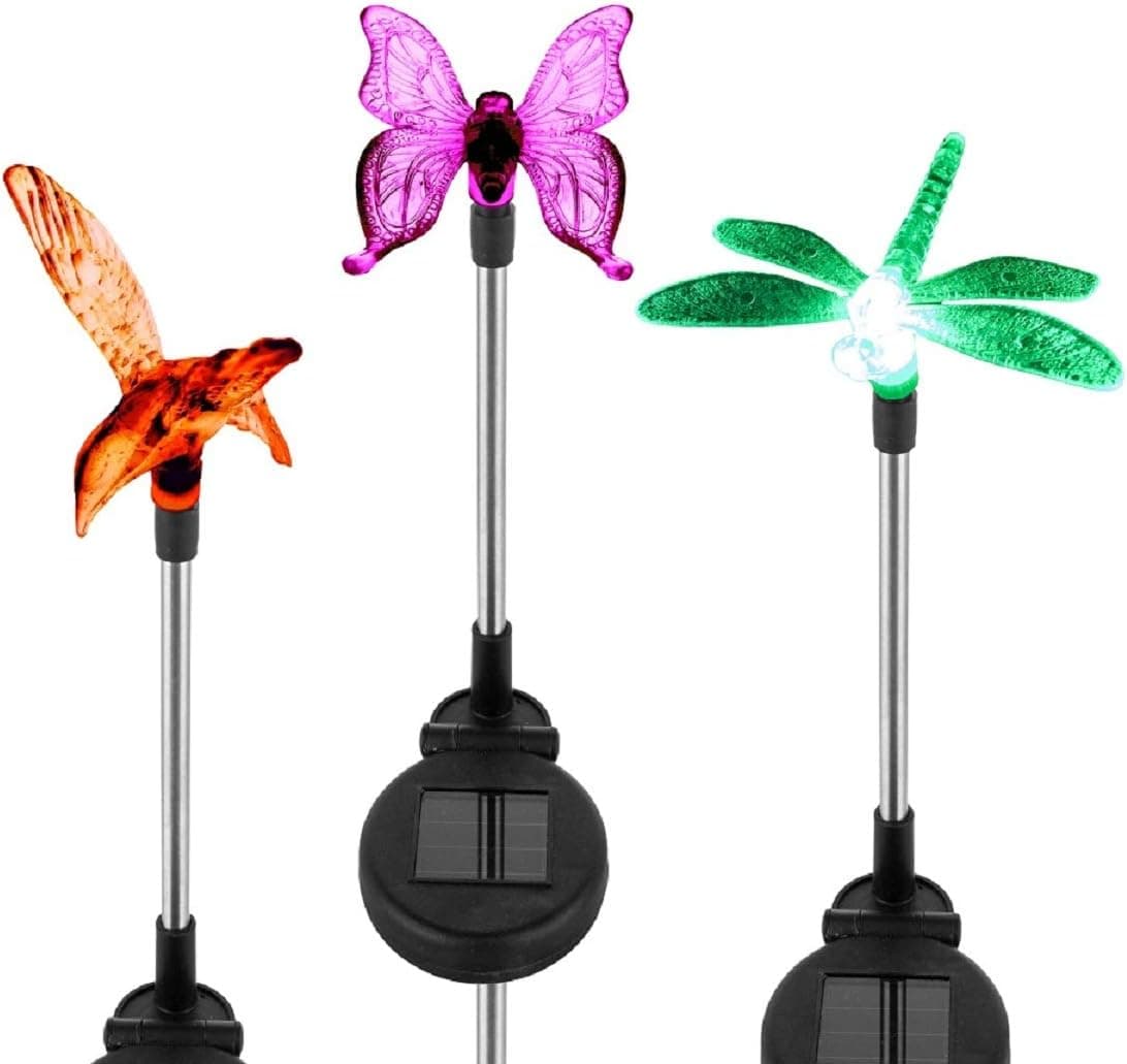 KANGXIONG Solar Garden Stake Lights, 3-Pack Solar Garden Lights Outdoor Color Changing LED Lights with Butterfly Dragonfly Hummingbird Stake for Garden, Pathway, Lawn, Yard, Patio Decoration