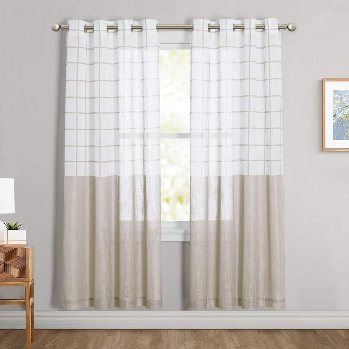 NICETOWN Semi Sheer Curtains for Home Decor 72" Length for Living Room, White Grid Easy-Matching Window Treatments Privacy with Amount Light Filter for Farmhouse, 100" Wide Total 2 Pieces, Taupe