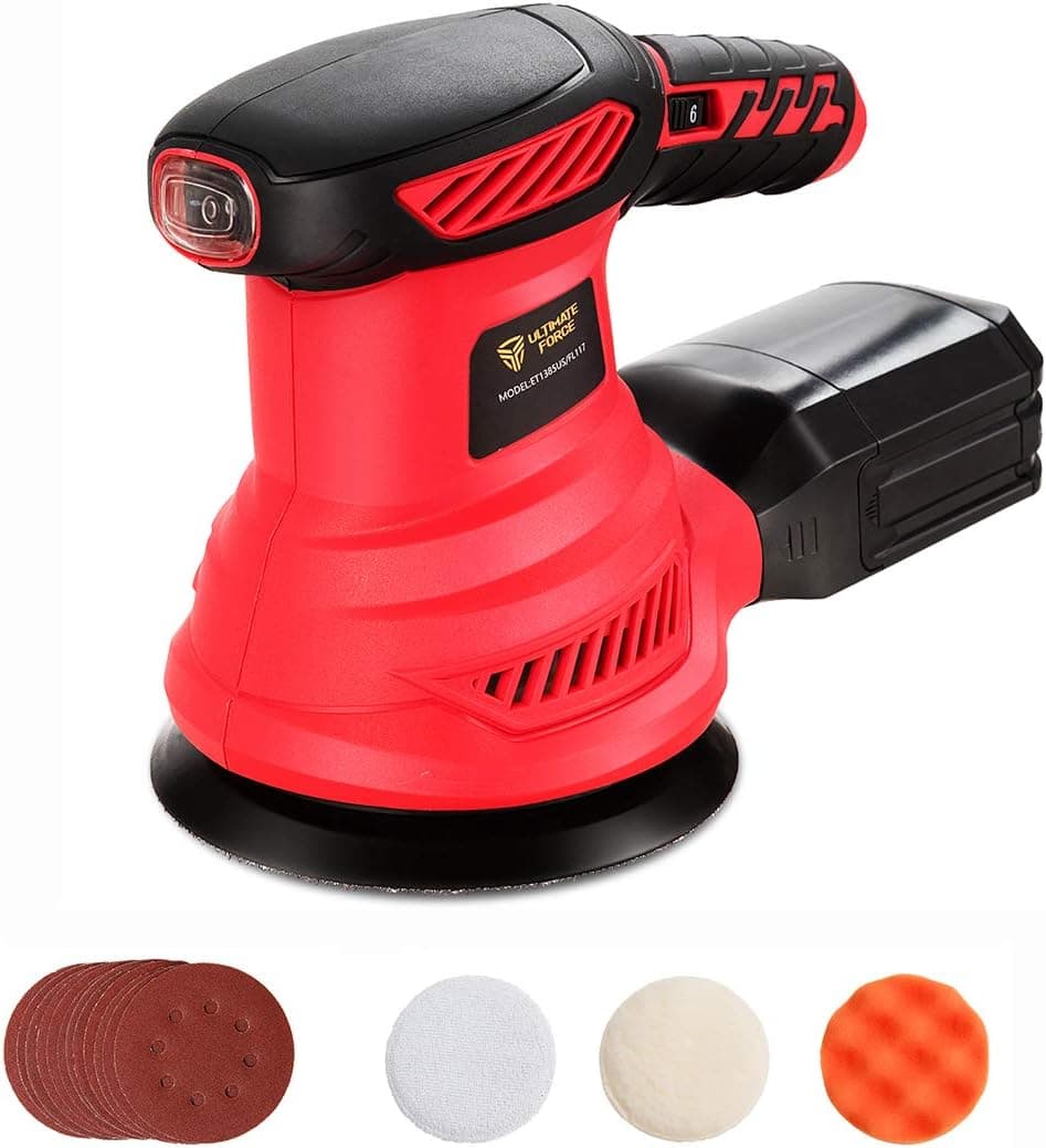 Goplus 5-inch Palm Random Orbit Sander w/ 12pcs Sanding Discs and Dust Collection Box, 6 Variable Speed 6000-13000 rpm Polishing Sanding Kit