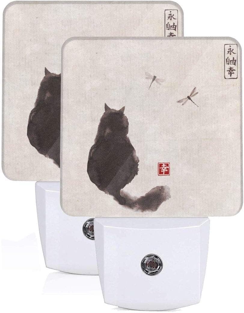 Black Fluffy Cat Summer Dragonfly Night Light Set of 2 Watercolor Cute Kitten Led Night Light 0.5 W Auto Senor Dusk to Dawn Night Lights Plug Into Wall