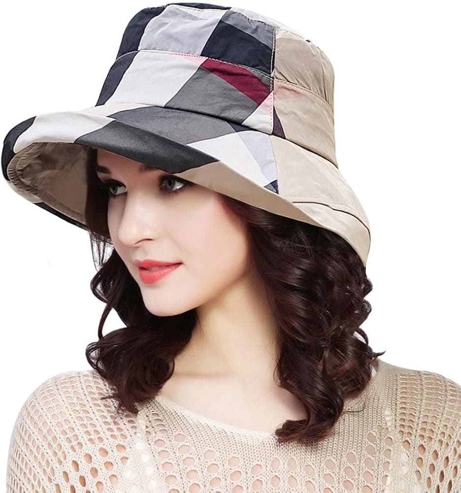 DOCILA Stylish Bucket Hats for Women Foldable Outdoor Plaid Fisherman Sun/Rain Cap with Chin Strap