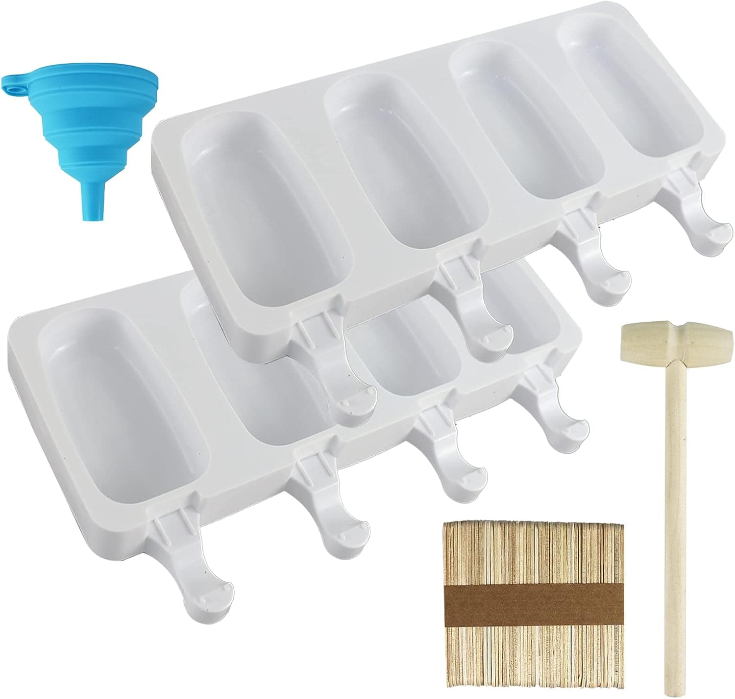 FADIKX 2 Packs Silicone Popsicle Molds, Silicone Funnel Homemade Ice Cream Mold with 4 Cavities 50 Wooden Sticks & 2 pcs Wooden Hammer for DIY Ice Cream Cake