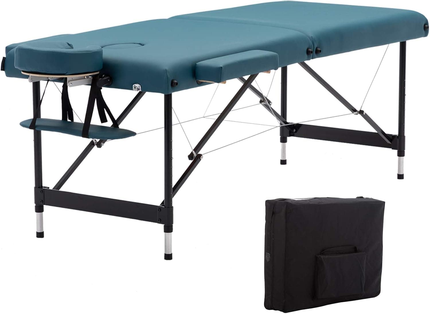 Artechworks Lightweight Massage Table with Aluminium Frame, 2 Fold Beauty Therapy Bed, w/Free Carry Case, Face Cradle, Arm Rests, Teal Green