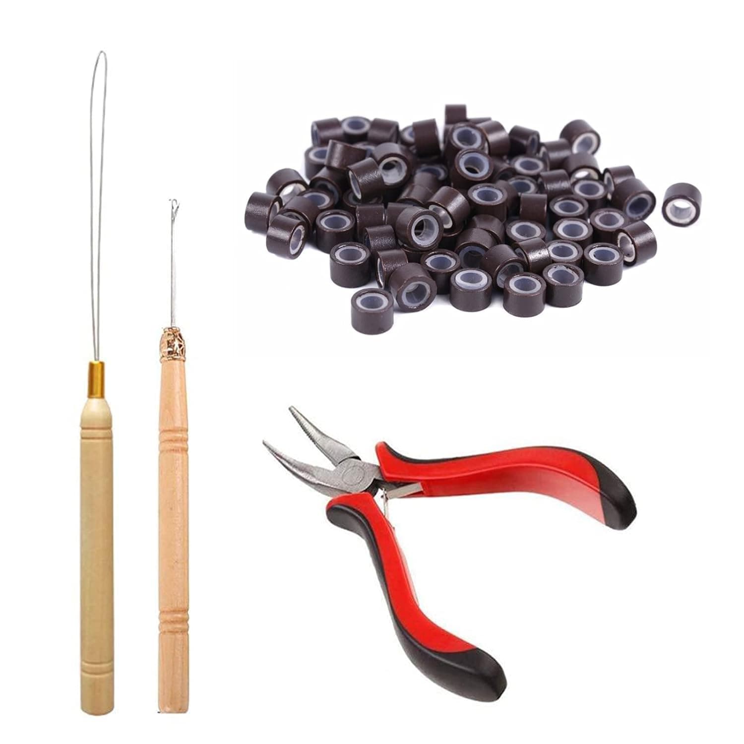 Orgrimmar Hair Extension Tool Kit Hair Extension Remove Pliers Pulling Hook 500 PCS Micro Silicone Rings Bead Device Tool Kits for Professional Hair Styling Tools Accessory (Dark Brown)