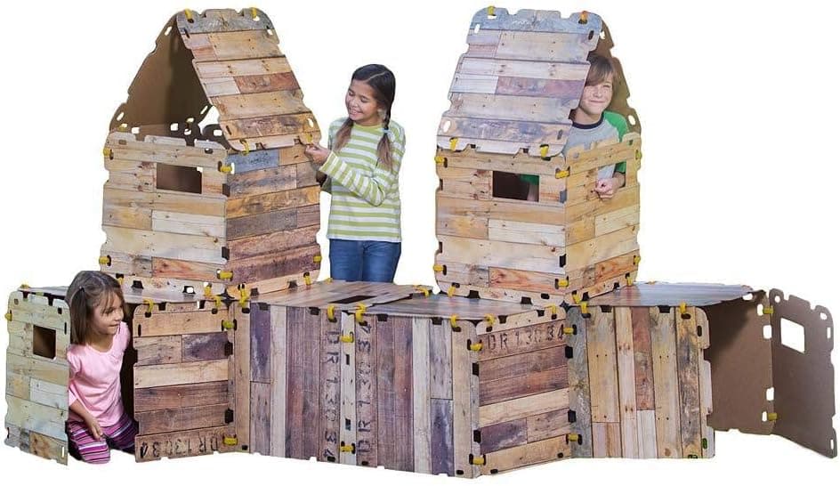 HearthSong 32-Panel Cabin Fantasy Forts Indoor Building Kit with Sturdy 22" Sq. Cardboard Panels and Hook and Loop Connectors