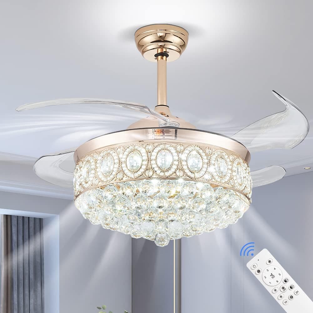 42 Inch Crystal Ceiling Fans with Lights Modern Dimmable LED Chandelier Ceiling Fan with Retractable Blade Remote, 6 Speed, 3 Light Changeable Fandelier for Bedroom Living Room Dining Room (Gold)