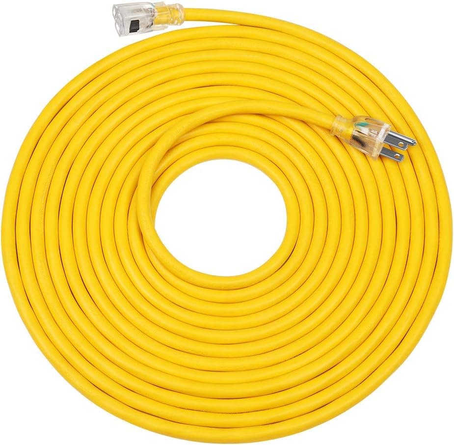DEWENWILS 25 FT 12/3 Gauge Indoor/Outdoor Extension Cord with Lock, SJTW 15 Amp Yellow Outer Jacket Contractor Grade Heavy Duty Anti-Shedding Power Cable with LED Lighted Plug, ETL Listed