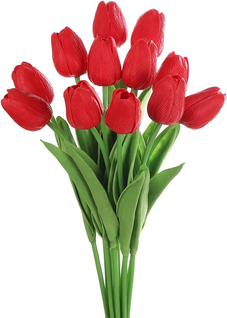 huaao 12pcs Artificial Latex Tulips for Party Decoration Bouquet Home Room Dining Bridal Wedding Festival Real Touch PU Flower, Red
