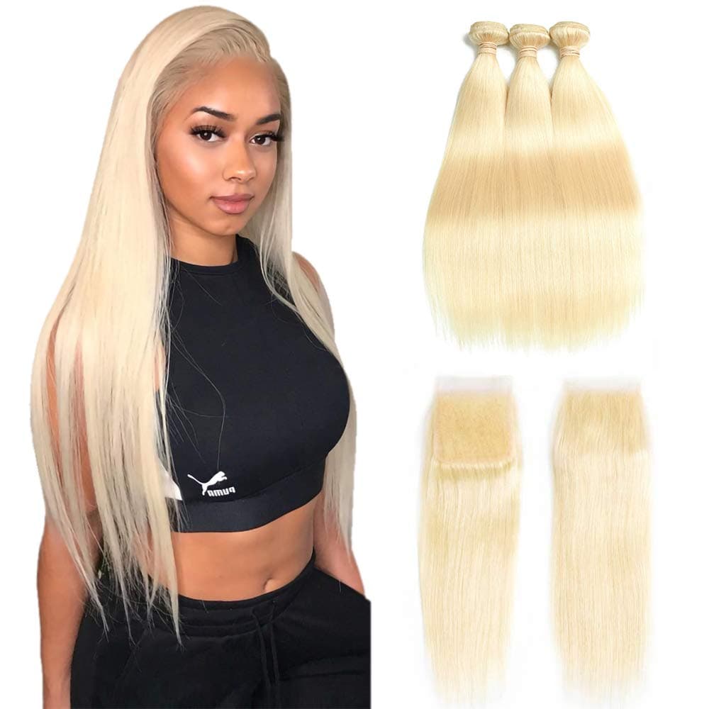 613 Bundles with Closure 613 Platinum Blonde Human Hair 3 Bundles with Transparent Color Lace Closure 4x4 Brazilian Straight 9A Remy Human Hair Extension Can Be Dyed(16 16 16 with 14)