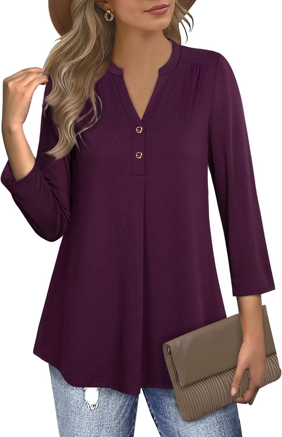 Bebonnie Womens 3/4 Sleeve V Neck Buttons Casual Business Tops Loose Work Blouses