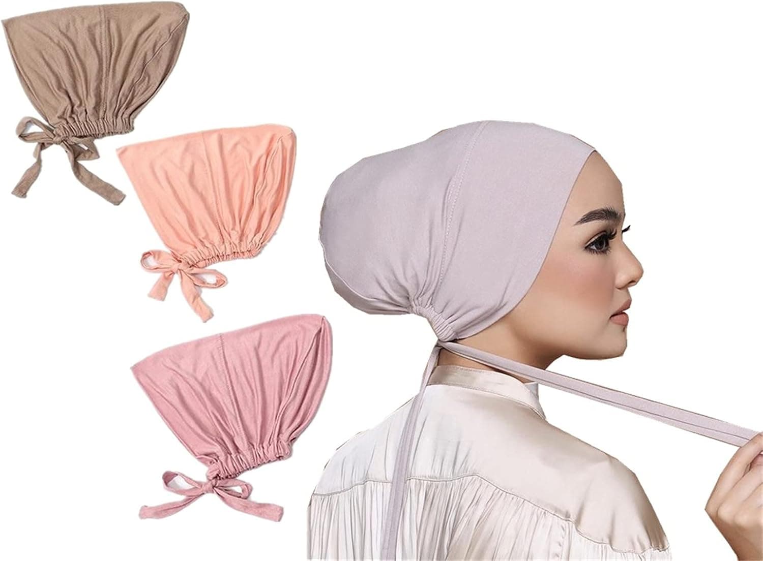 3 Pieces Adjustable Muslim Inner Under Hijab Cap with Ties Back Islamic Under Scarf Bonnet Caps Chemo Cap