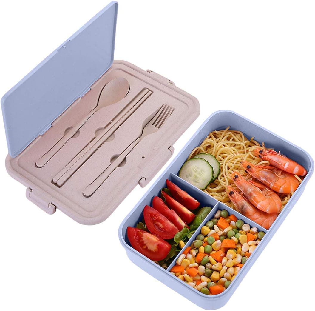Bento Box for Kids & Adults Lunch Container with 3 Compartments BPA-Free Lunch Boxes (Spoon&Fork&Chopsticks included, Blue)