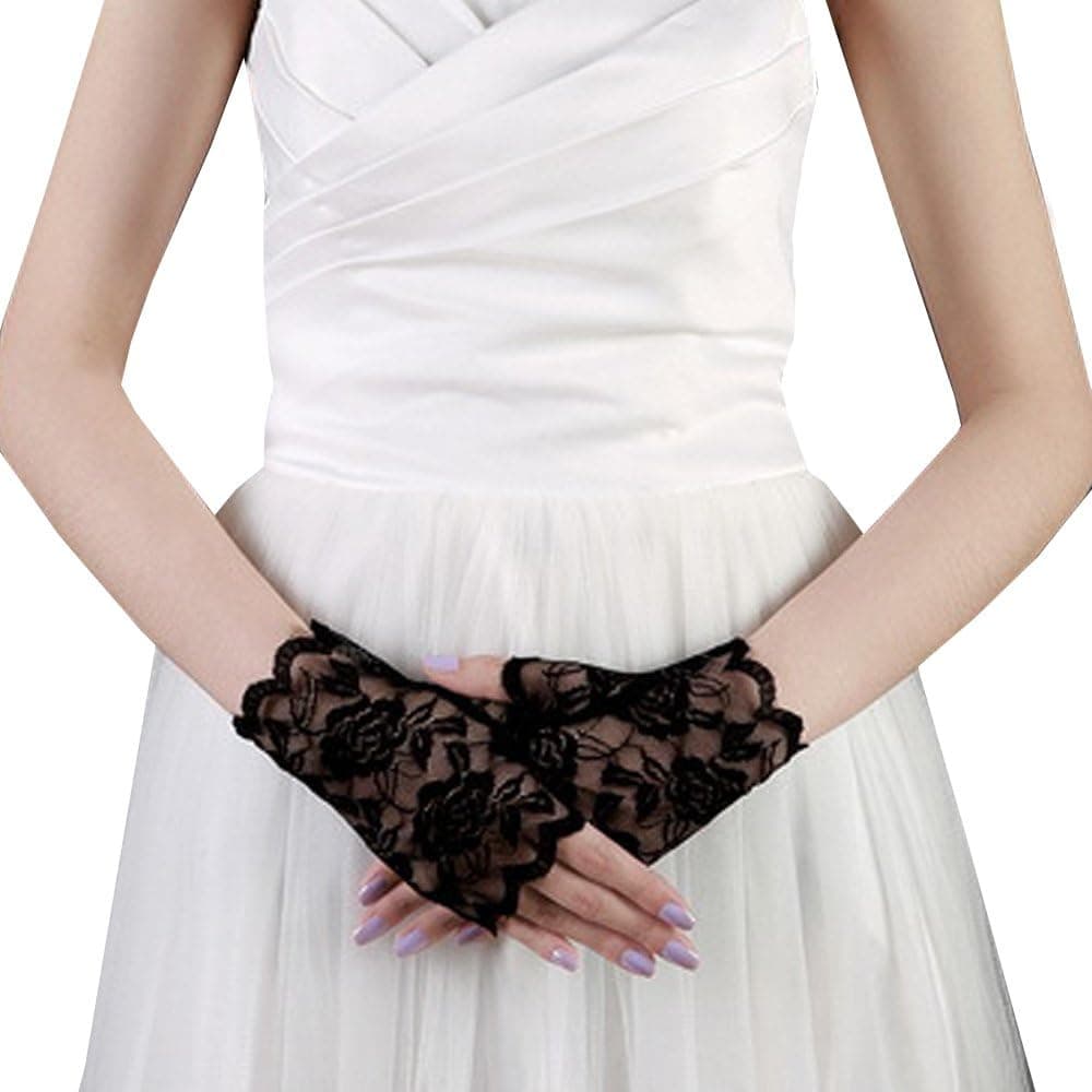 JISEN Lace Fingerless Gloves Rose Gothic Wrist Wedding Party Mittens Black