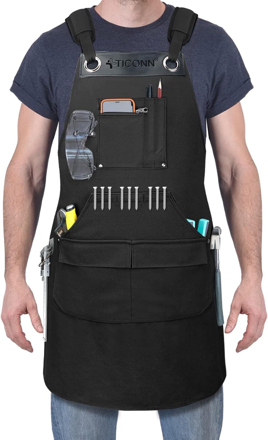 TICONN Heavy Duty Waxed Canvas Apron, 16oz Thick Canvas Multi-Functional Work Apron for Woodworking, Metalworking