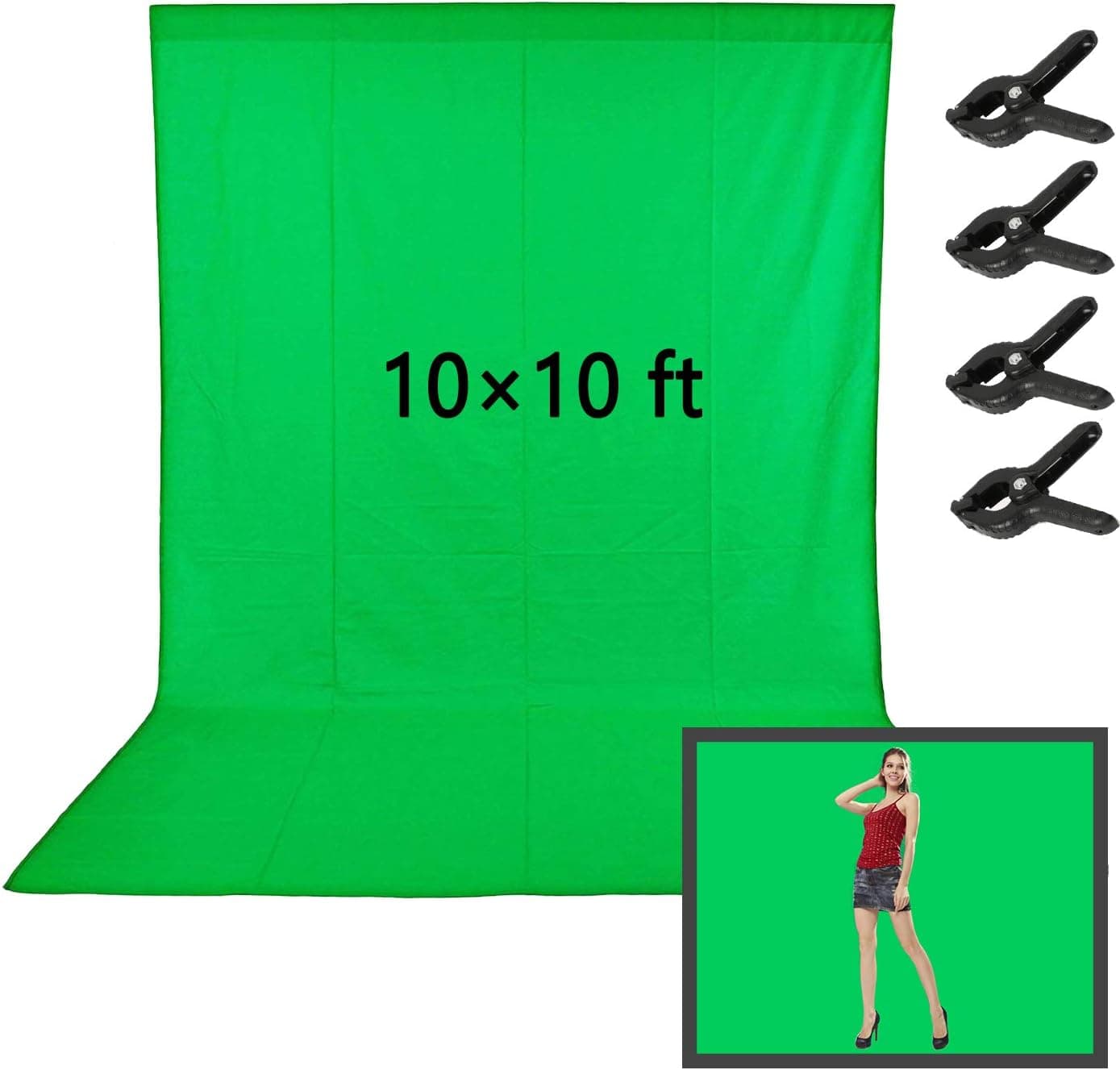 Green Screen Cloth，greenscreen，greenscreen Stoff，10 x 10 feet Green Screen Backdrop Polyester Fabric, Non-Reflective Edge Treatment to Prevent Tearing 4 Clips for Photo Games