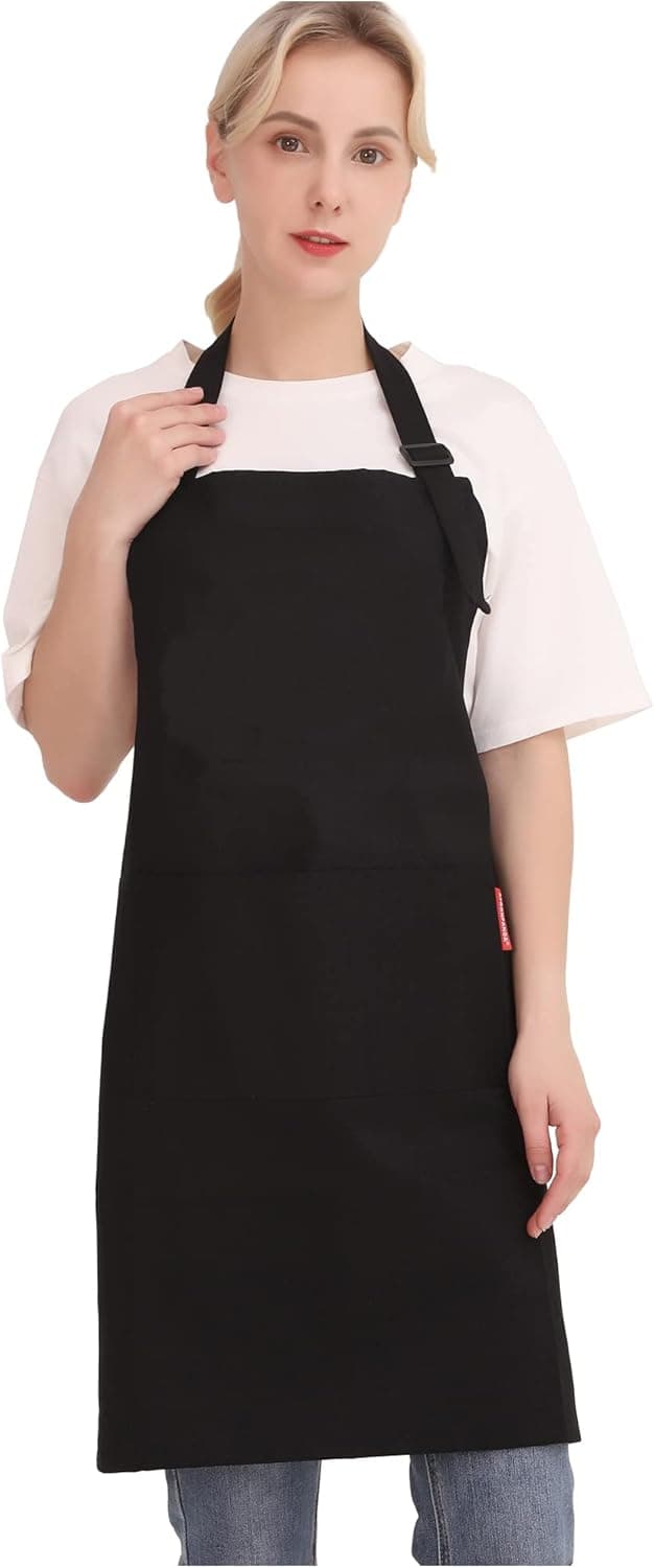 APRONPANDA Professional Adjustable Black 100% Cotton Apron with 2 Pockets Chef Cooking Kitchen Aprons for Women Men