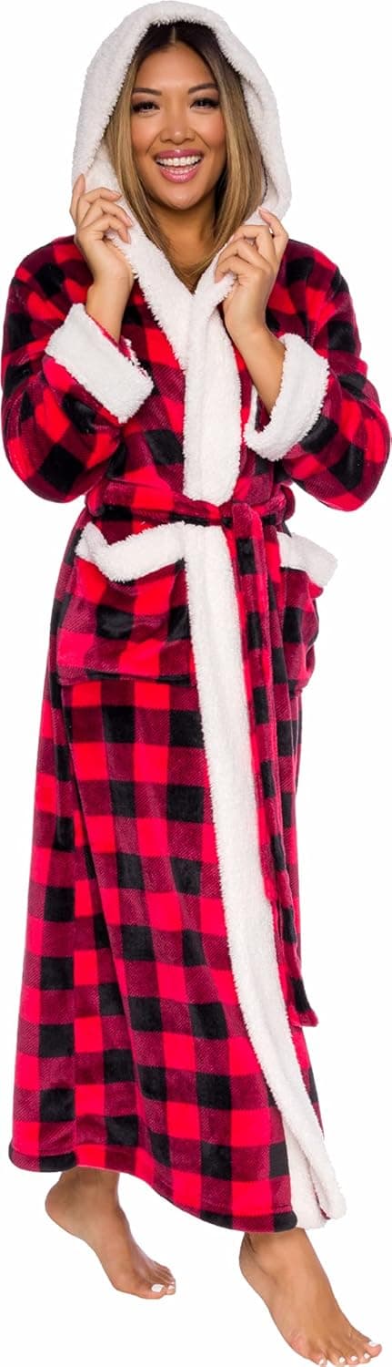 Womens Buffalo Plaid Sherpa Trim Robe with Hood - Warm Plush Luxury Bathrobe by Silver Lilly (Red/black Plaid, Large/xlarge)
