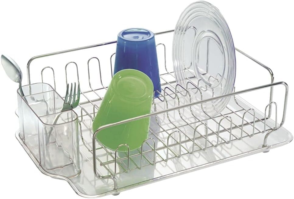mDesign Large Modern Metal Wire Kitchen Dish Drainer Drying Rack with Plastic Cutlery Caddy and Drainboard for Sink or Countertop - Polished Stainless Steel/Clear