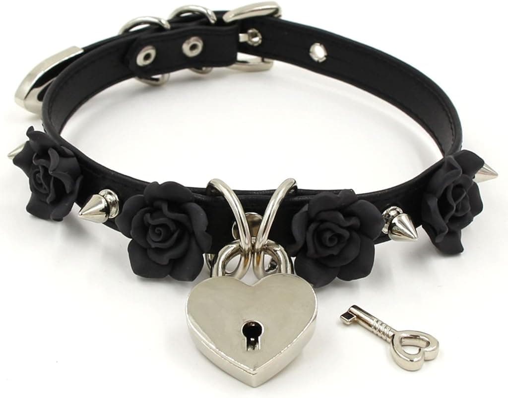 Handmade Clay Flowers Spikes Heart Lock Faux Leather Choker Collar