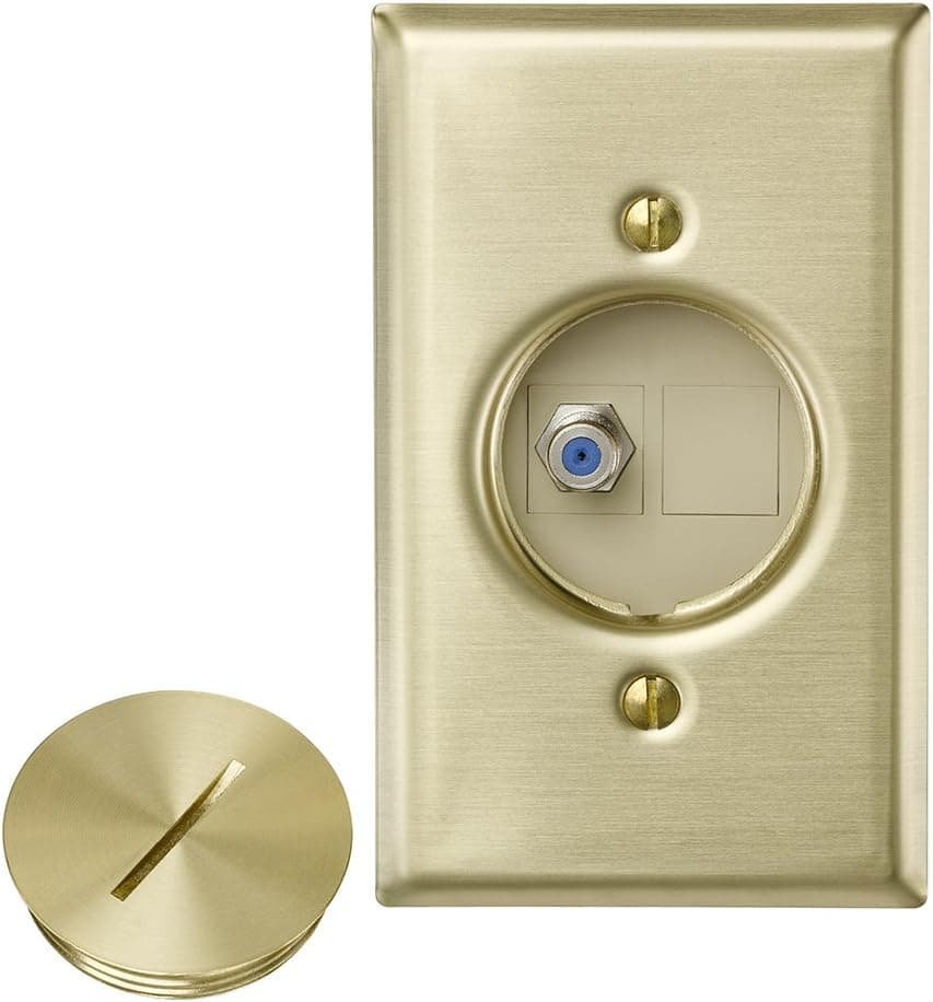 Leviton 41650-F QuickPort Floor Jack Assembly, One F-Type Coax and 1 Blank Insert, Solid Brass