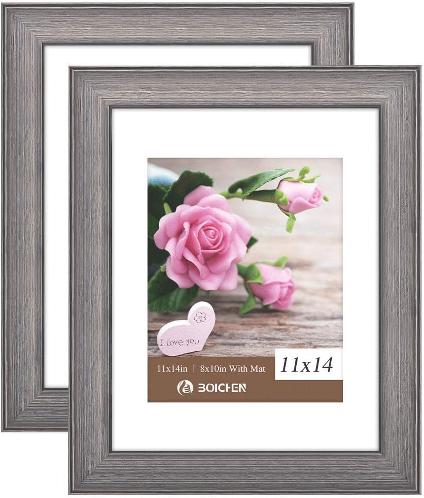 BOICHEN 11x14 Picture Frames Rustic Solid Wood High Definition Glass for Tabletop Display and Wall Mounting Photo Frame Gray Brown 2 Pack