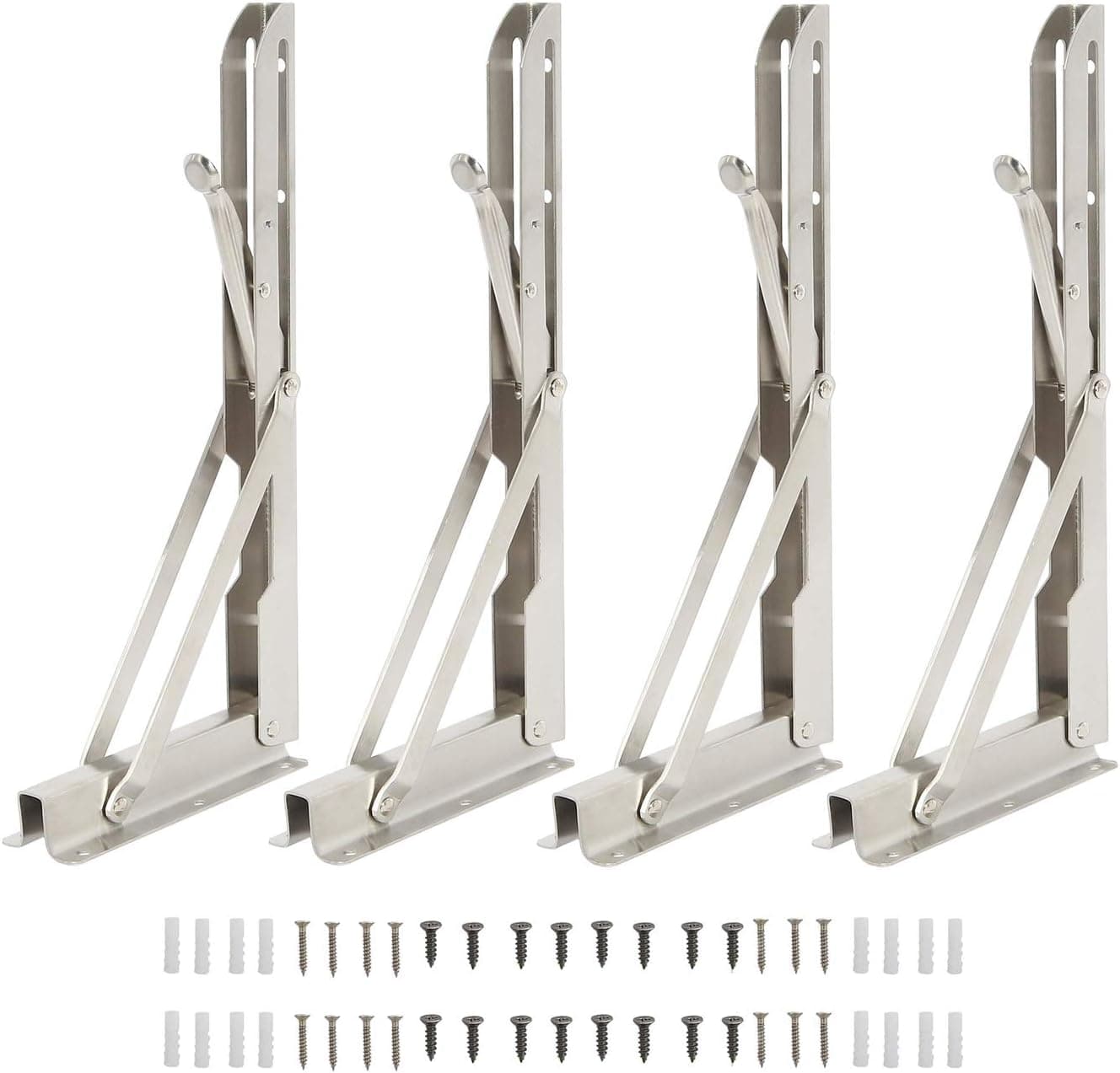 NovelBee 4 Piece of Stainless Steel Triangle Folding Shelf Bracket with Long Release Arm and Mounting Screws (Length:8 Inch)