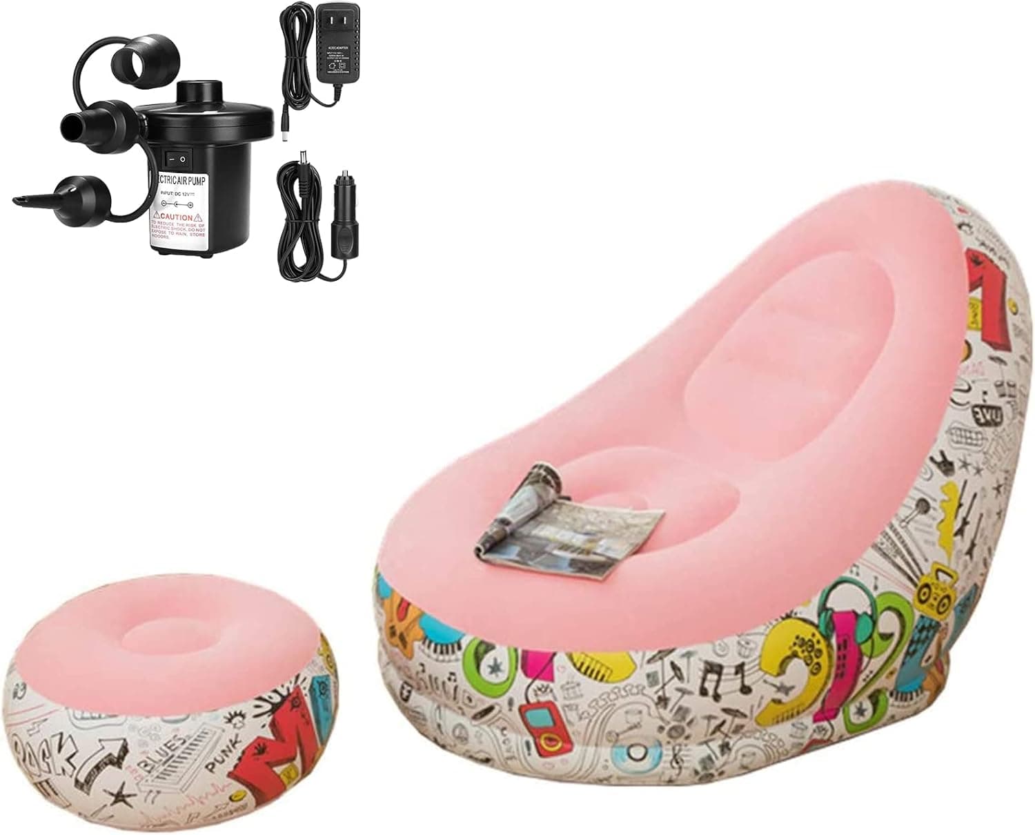 BDL Inflatable Deck Chair with Household air Pump, Lounger Sofa for Indoor Living Room Bedroom, Outdoor Travel Camping Picnic (Graffiti with Pink)