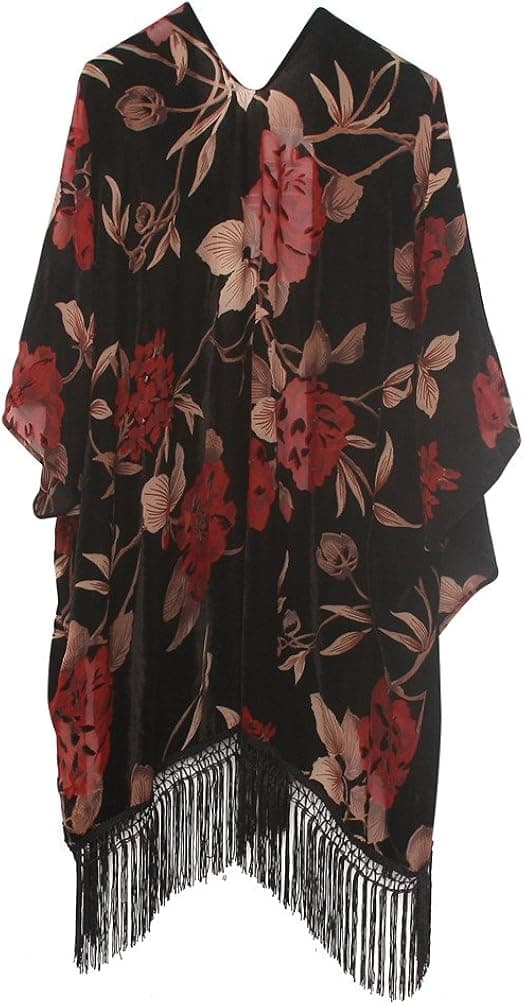 Boho Burnout Velvet Dress Kimono Cardigan Poncho with Fringe Velvet Shawls Wraps Green One Size