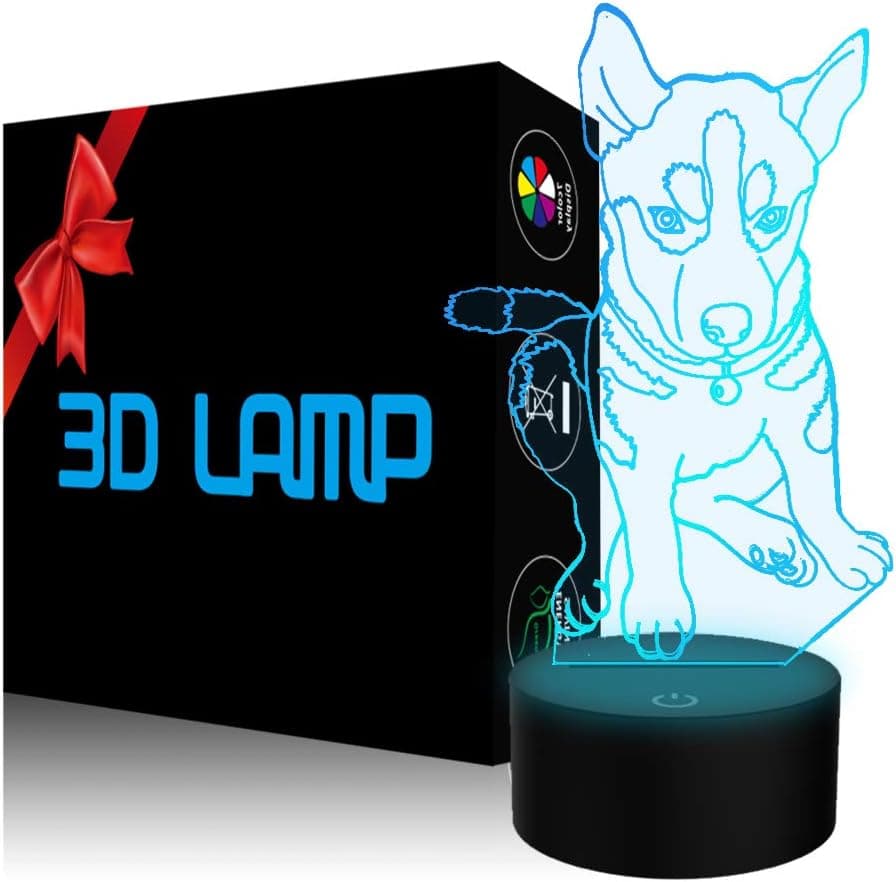 YKLWORLD Animal Dog Husky 3D Illusion Night Light, LED Huskie Table Desk Lamp 7 Color Changing Touch Control USB Powered Christmas Toys Birthday Gifts for Kids Boys Girls Dog Lovers
