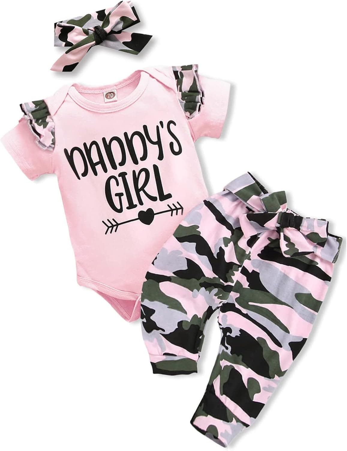 AMAWMW Daddys Girl Camo Baby Outfit Letter Romper Top+Camouflage Pant+Headband 3PCS Set (Pink-A, 3-6 Months)