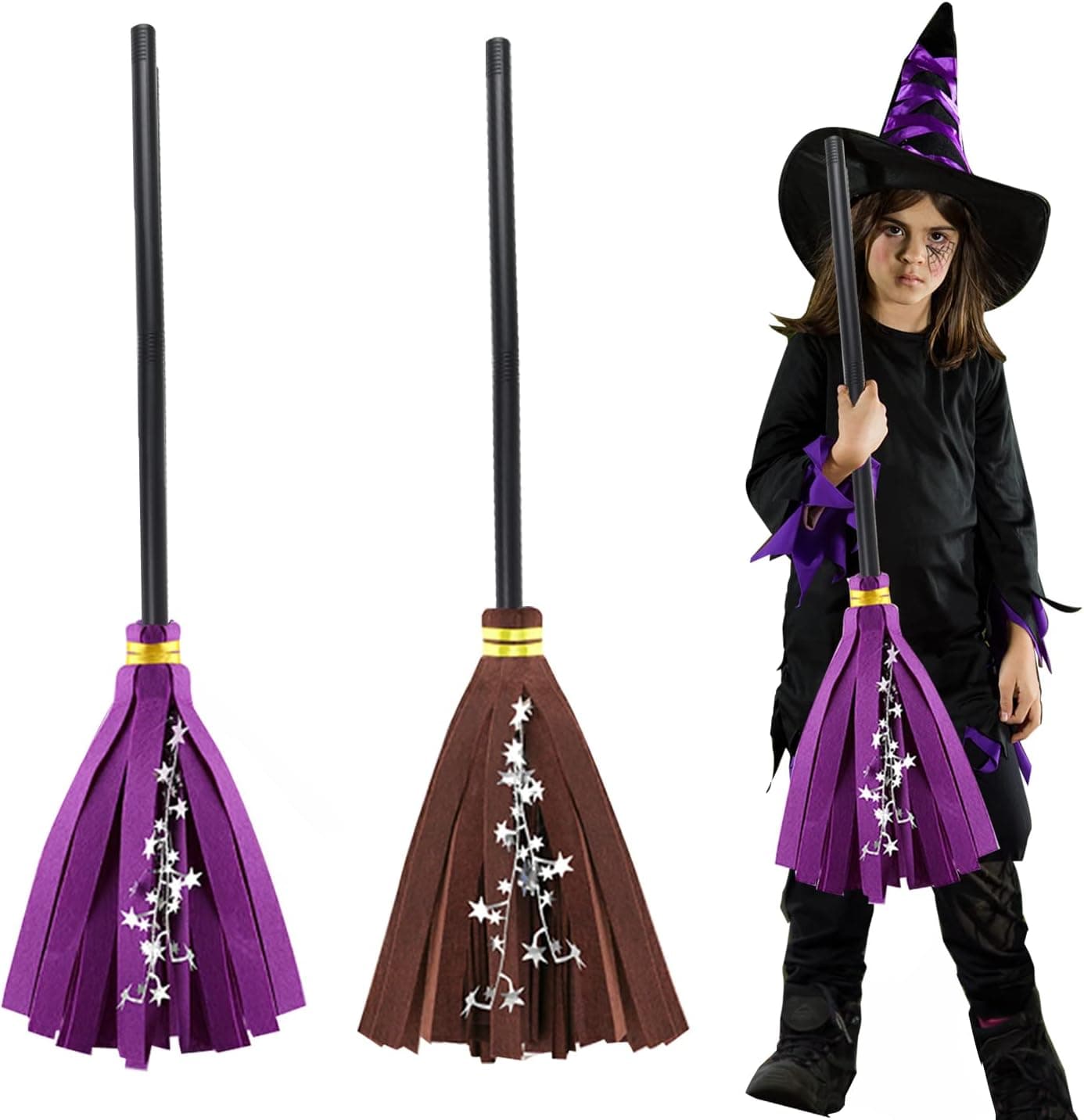 Heneysese 2 Pcs Halloween Witch Brooms Wizard Flying Felt Broom Halloween Broom Props Witch Cosplay Costume for Halloween Party Accessory
