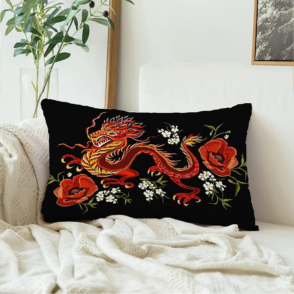 Decorative Rectangle Throw Pillow Cover Cozy Velvet Botanical Colorful Floral Pattern Chinese Japanese Dragon Traditional Folk On Asian Vintage China Lumbar Pillow Case for Couch Sofa 12x20 Inch