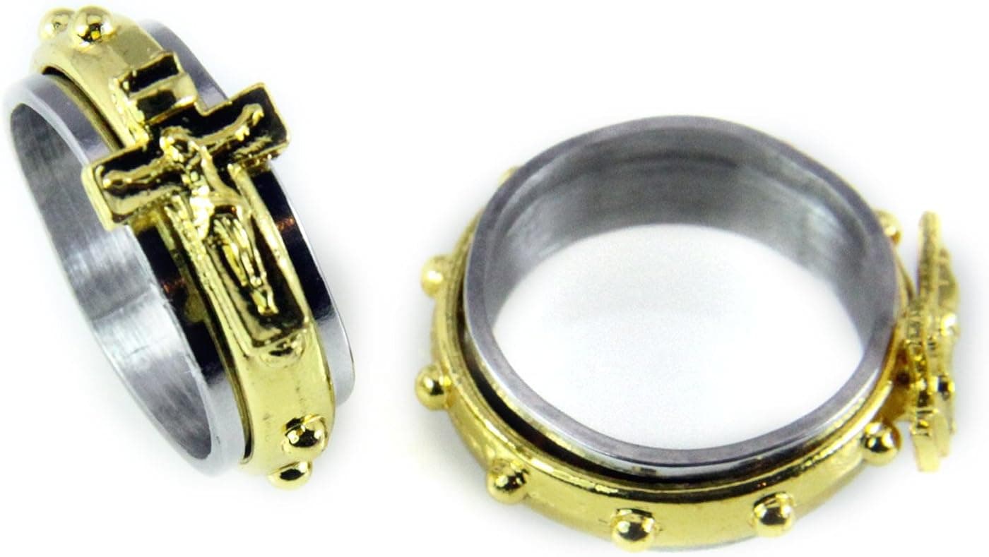 S35 Stainless Steel Rosary Spinner Ring Crucifix Cross Catholic Prayer Hail Mary