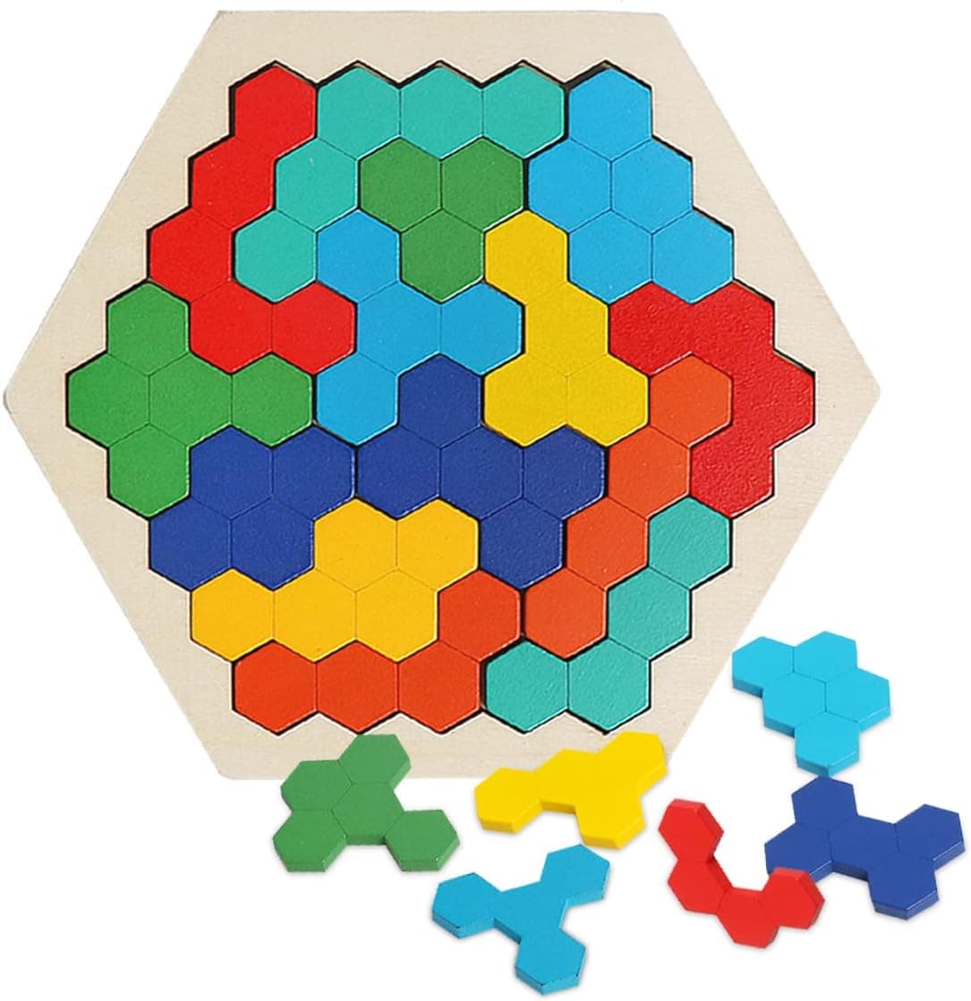 Wooden Puzzles for Kids,Brain Teaser Puzzles for Adults,STEM Montessori Educational Hexagon Puzzles Shape Pattern Block Family Games Portable Gift for All Ages Challenge