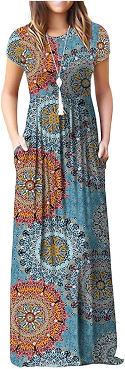 LERUCCI Women's Short Sleeve Long Swing Dress with Pockets