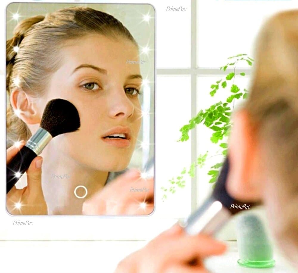 Free Standing Makeup Mirror LED Lighted. Cosmetic Mirror for Vanity, Bathroom, Desktop, Shower, Table, Office. White Compact & Illuminating. Perfect Skin Care Reflection. Great Mobile Travel Mirror.