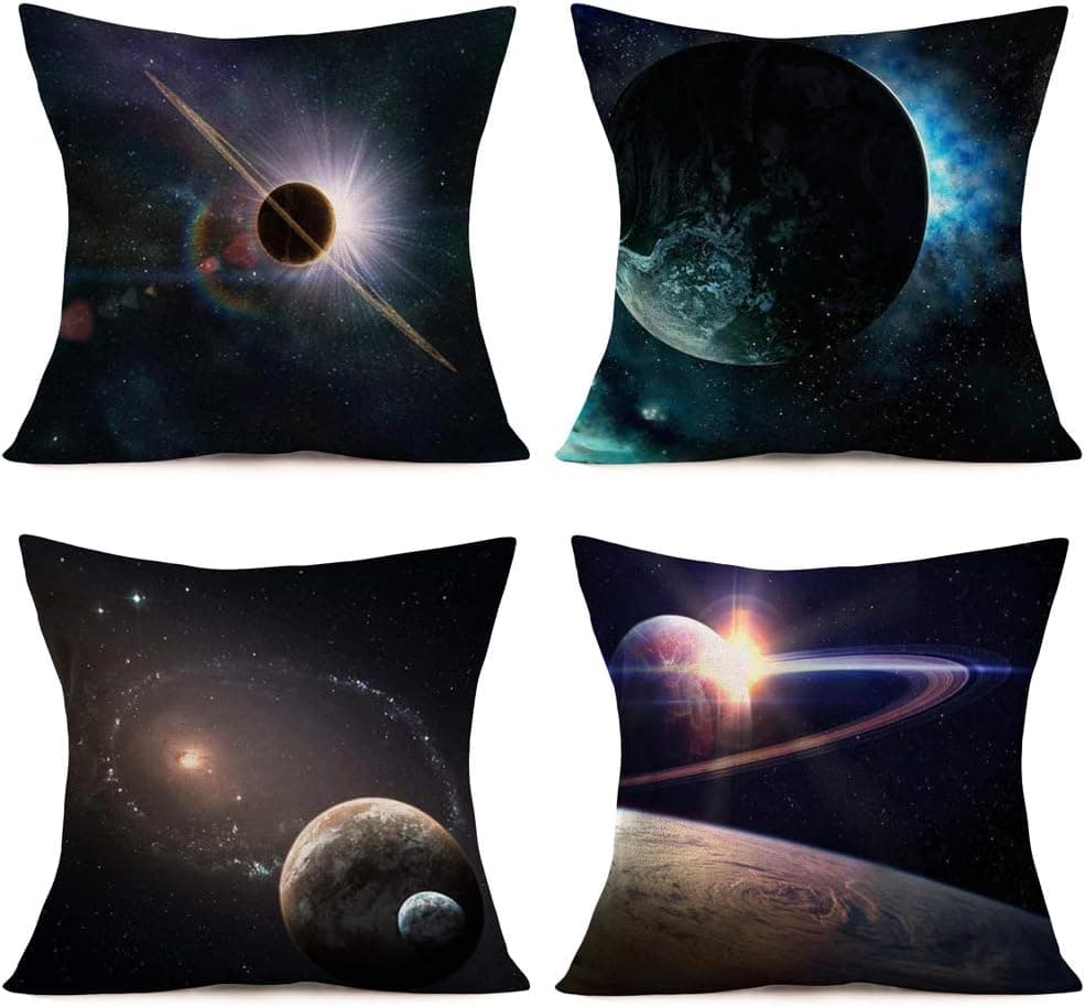 Xihomeli Set of 4 Throw Pillow Covers Mysterious Nebula Planet Universe Outer Space Galaxy Star Art Decorative Cushion Case Cotton Linen Square Pillowcase for Bed Office 18" x 18" (4 Pack Universe)