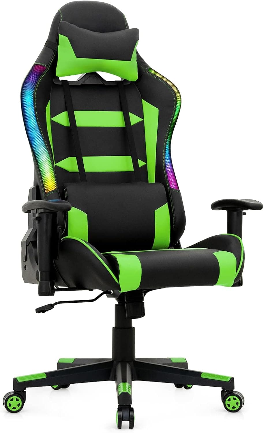 Giantex RGB Gaming Chair, Ergonomic Video Game Chair with Led Light, High Back E-Sport Computer Chair Adjustable w/PVC Leather, Headrest & Lumbar Support (Green)