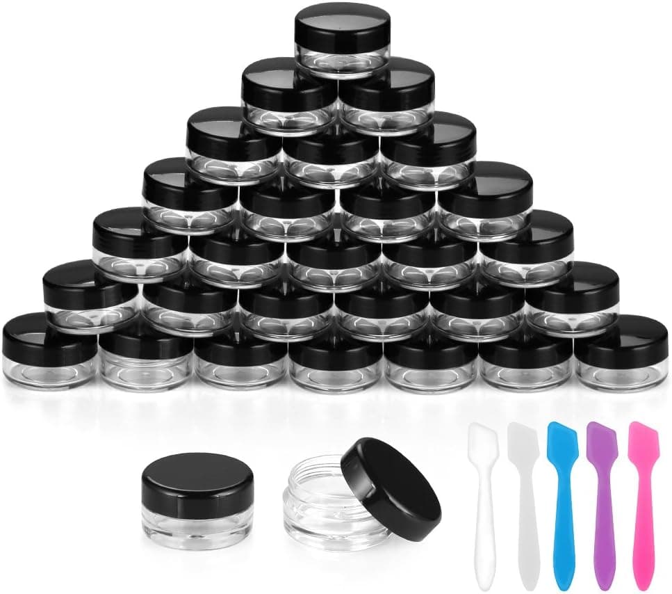 Accmor 30 Pieces 10g Cosmetic Sample Containers with Black Lids Makeup Containers with 5 Pieces Mini Spatulas