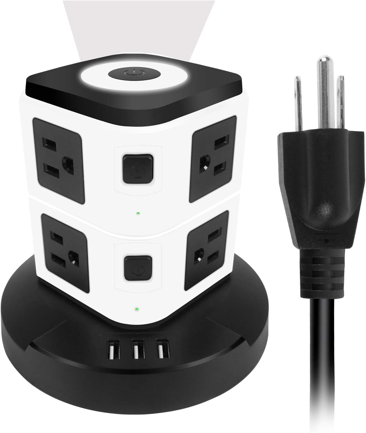 Power Strip Tower Surge Protector 8 AC Outlets with 3 USB Ports 3020W Charging Station Extension Cord 6.6 FT, Widely Spaced Multi Outlets, Three-Stage Touch Light Design for PC Laptops Home Office