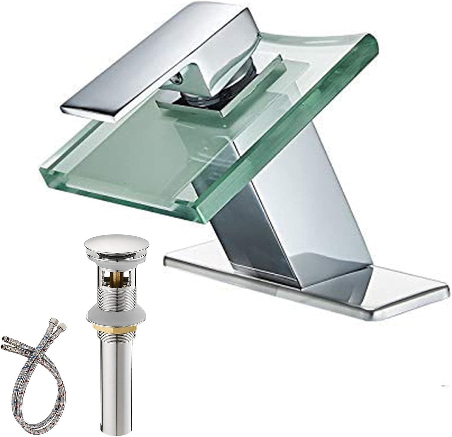Greenspring Bathroom Sink Faucet Chrome Single Handle One Hole Waterfall Modern Deck Mount Glass Spout Unique Designer Commercial Lavatory Basin Vanity Tap with Pop Up Drain and Supply Line
