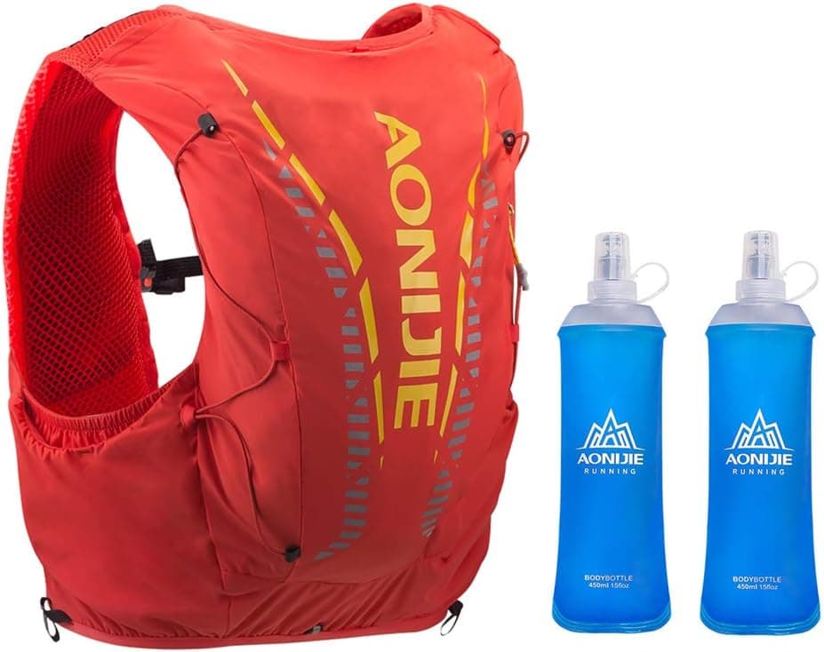 AONIJIE 5L/12L Men Women Running Vest Pack Hydration Backpack Outdoor Sports Bag for Marathon Cycling Hiking (12L# Orange+2 Pcs Soft Flasks (450ml), M/L(35.43-40.15 inch))