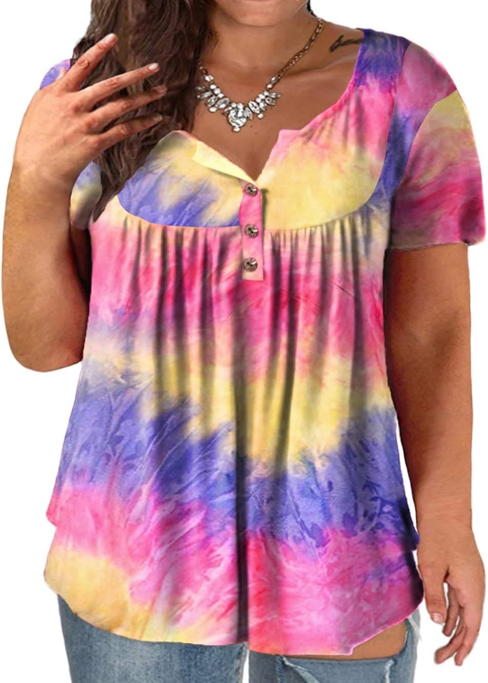 VOGRACE Plus-Size Tops for Women Summer Henley Shirts Flowy Tunics Tee