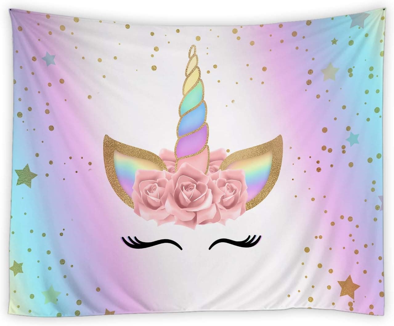 Fantasy Unicorn Tapestry Wall Hanging Gold Cute Unicorn Flower Tapestry Cartoon Myth Fairytale Magical Animal Tapestry for Bedroom Living Room Dorm Party Blanket Bedspread Bed Cover,90Wx70H in