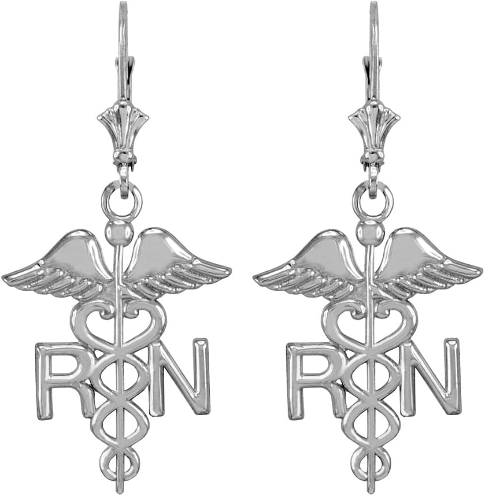 925 Sterling Silver Caduceus RN Registered Nurse Leverback Earrings
