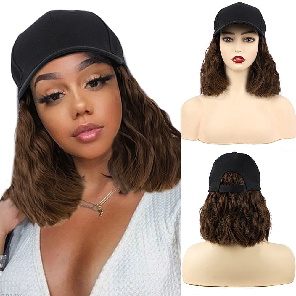 CHRSHN Hat Wig for Women Short Wave Baseball Cap Wig with Curly Hair Extensions Wig Synthetic Wave Wig Hat Adjustable Brown Baseball Hat Wig(#10B/12B)