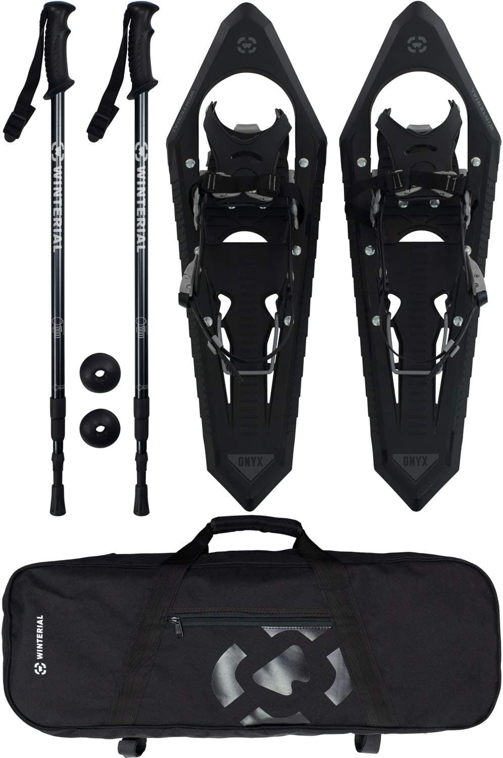 Winterial Onyx Premium Snowshoes 25 Inch Mountain Terrain Black Snow Shoes with Quick Fit Bindings Carry Bag and Adjustable Poles