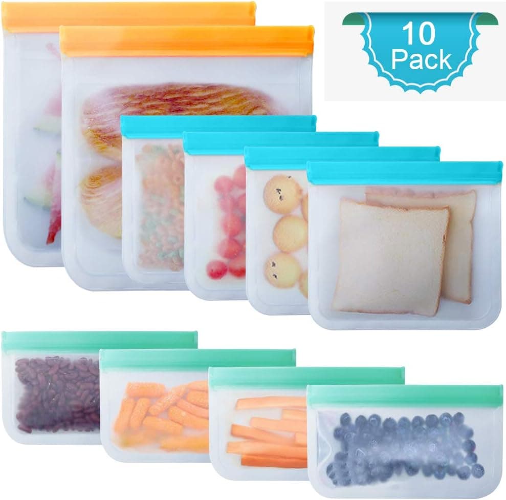 Amurgo Reusable Food Storage Bags (10 Pack) - Eco-friendly Food Preservation Bag Silicone Leakproof Freezer Bags for Lunch, Vegetable, Fruit, Sandwich, Snack, Cereal, Liquid