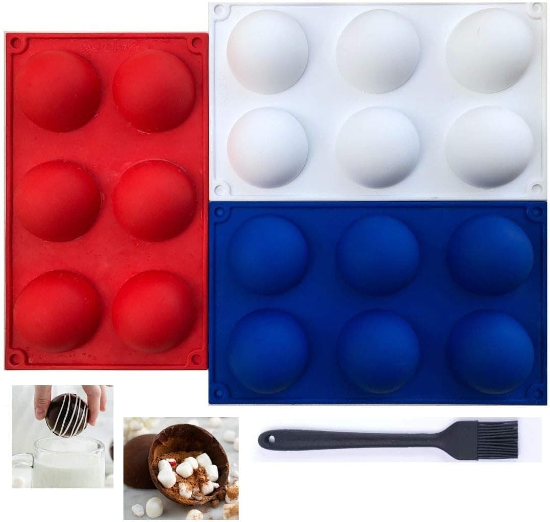 Fitzl Strong 2.5 inch Silicone Sphere Ice Mold with Bonus Silicone Brush, 6 cavity for Hot Chocolate Bombs Moulds, Cake Jelly Dome Mousse - Half Circle Cocoa Bomb Mold (Set of 3 Red, White, Blue)